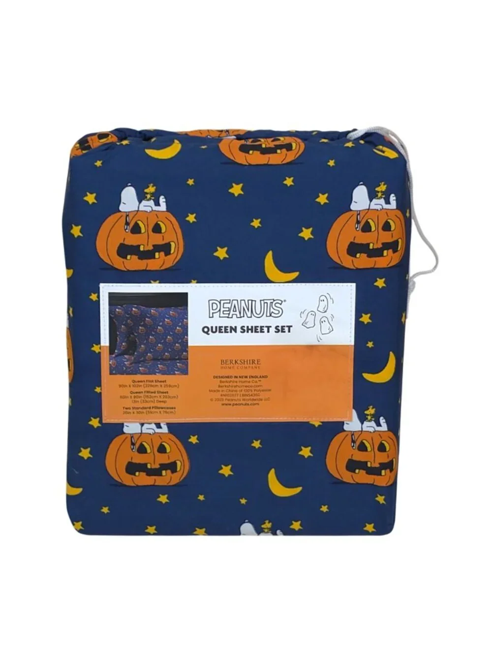 Peanuts Queen Sheet Set Snoopy Halloween By Berkshire Navy w/ Orange Pumpkins